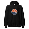DomEx unisex hoodie in black - Domani Exchange brand emblem design