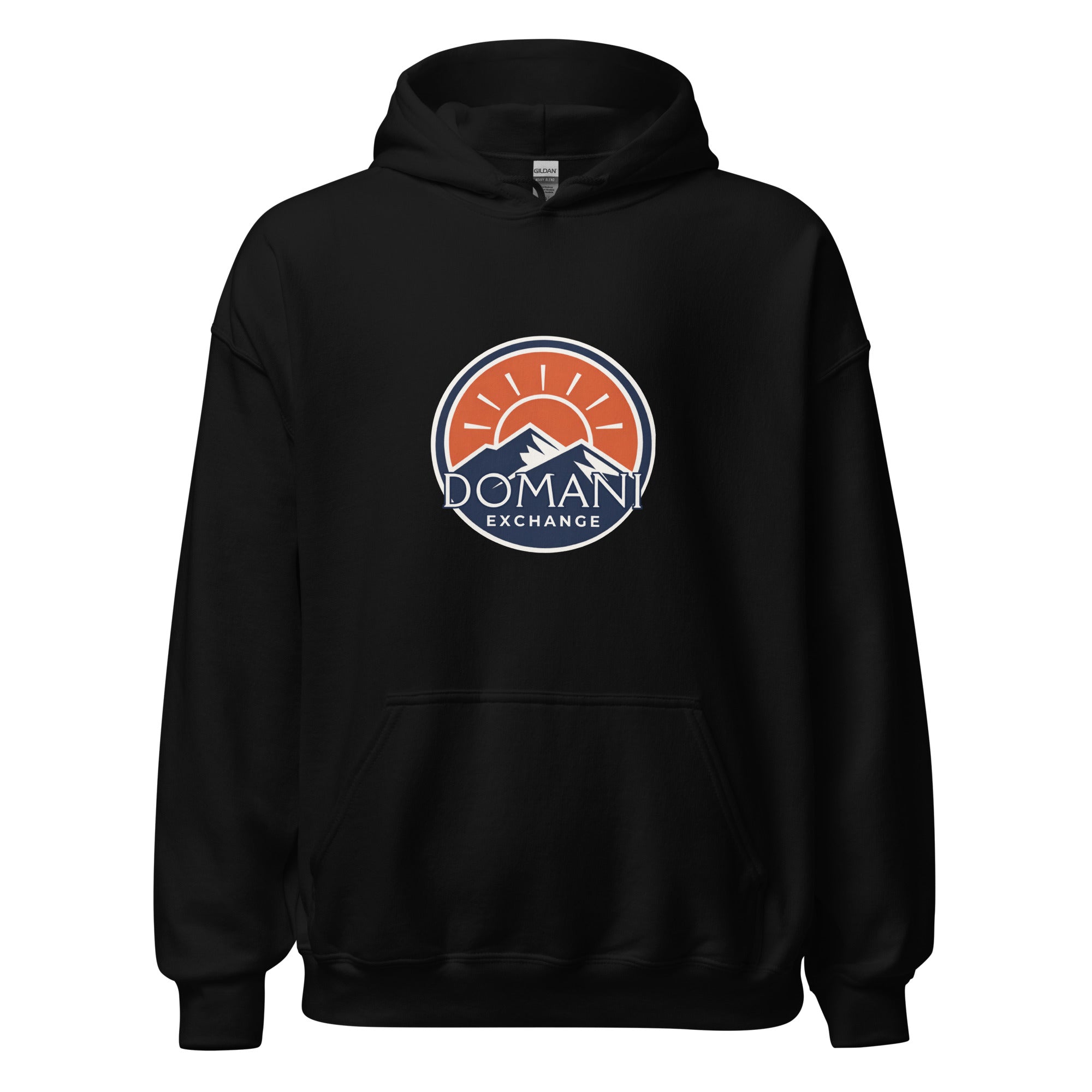 DomEx unisex hoodie in black - Domani Exchange brand emblem design