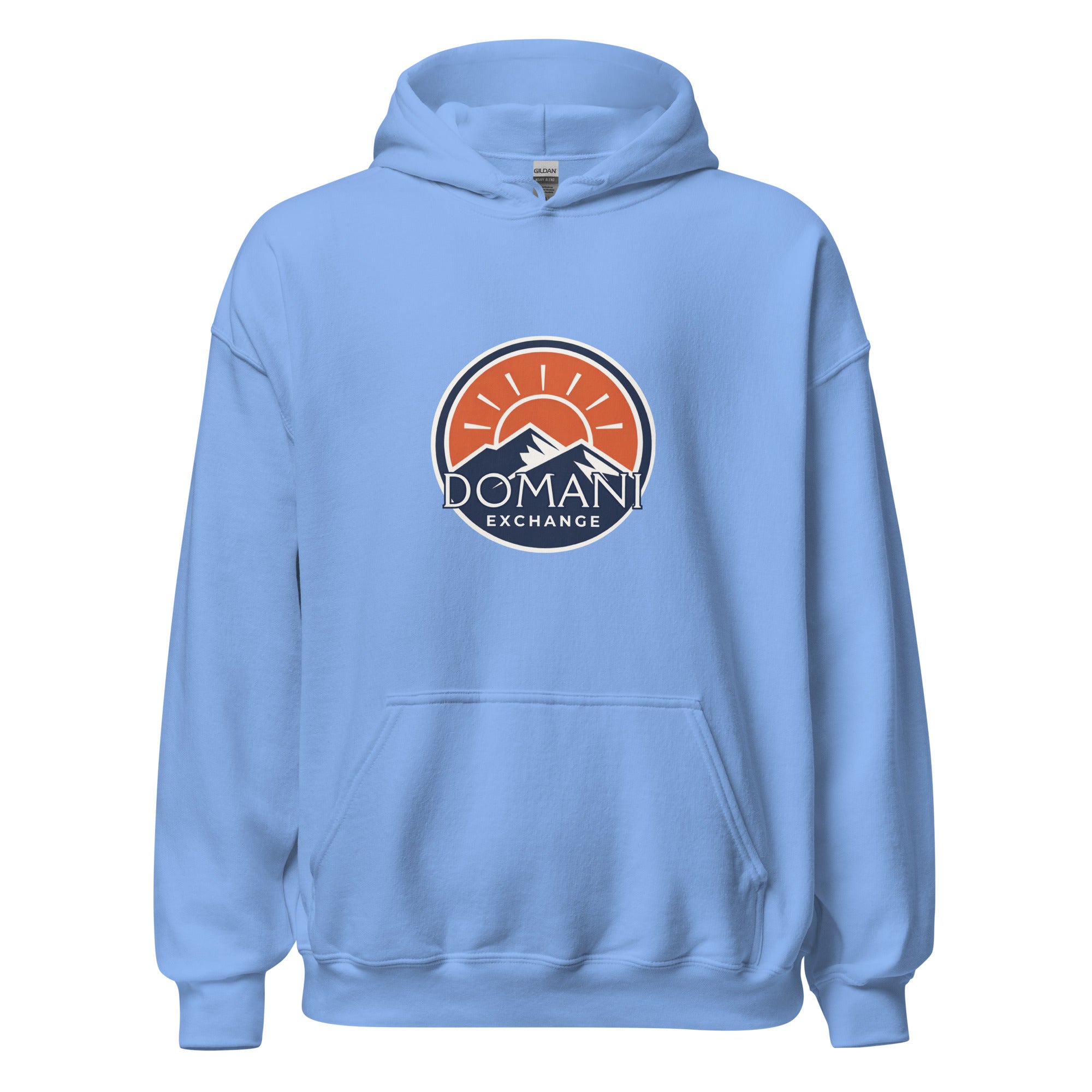 DomEx unisex hoodie in carolina blue - Domani Exchange brand emblem design