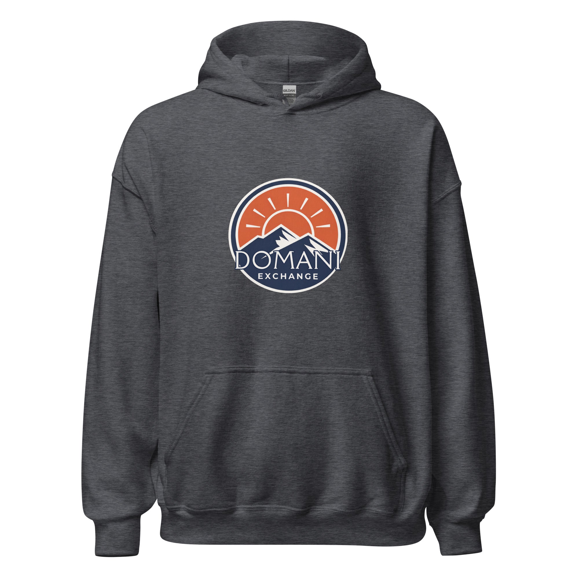 DomEx unisex hoodie in dark heather - Domani Exchange brand emblem design