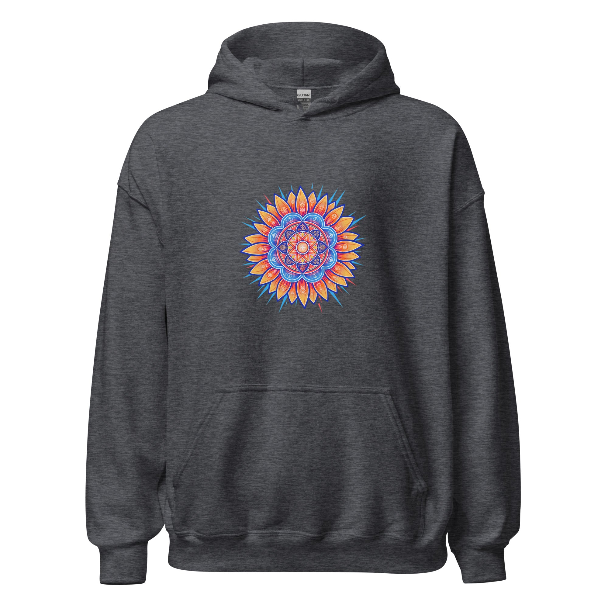Prime Mandala hoodie detail — concentric mandala rings in full color | Domani Exchange