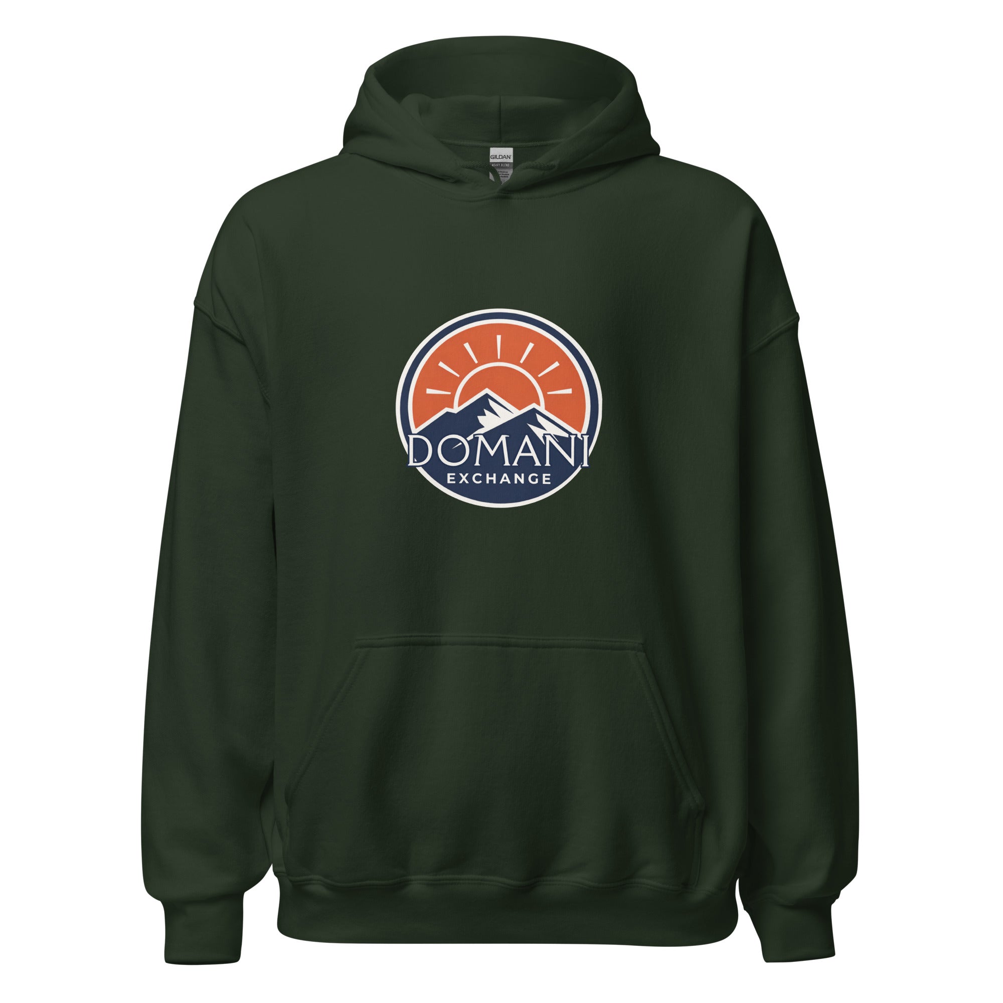 DomEx unisex hoodie in forest green - Domani Exchange brand emblem design