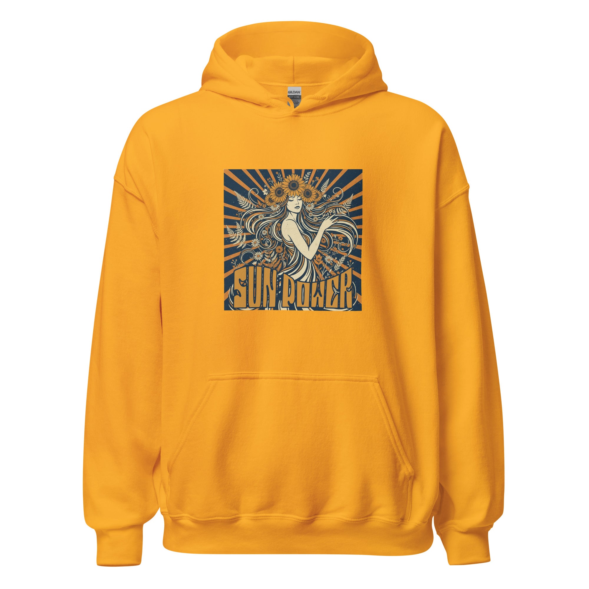 Sun Power unisex hoodie in gold — retro art nouveau sun design by Domani Exchange
