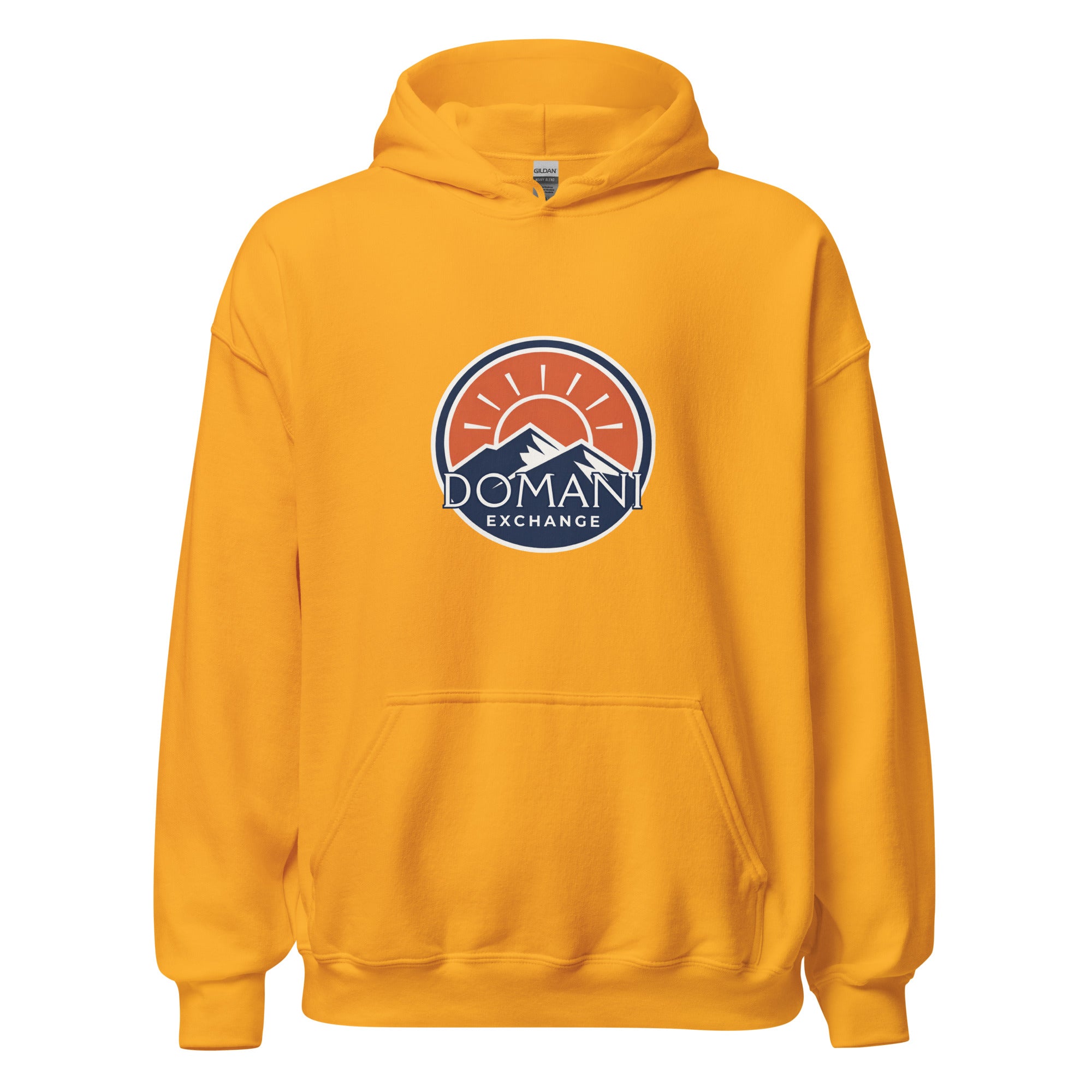 DomEx unisex hoodie in gold - Domani Exchange brand emblem design