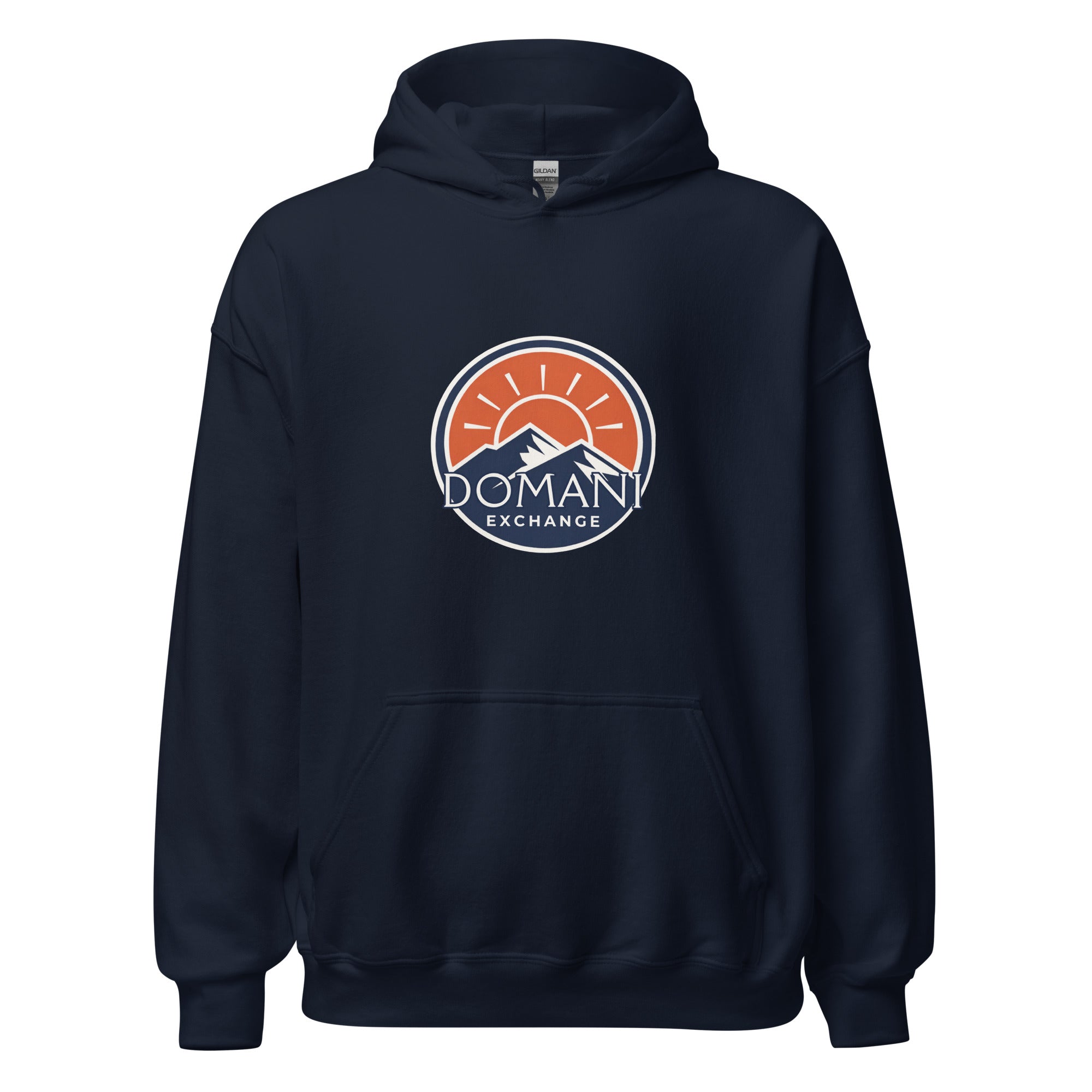 DomEx unisex hoodie in navy - Domani Exchange brand emblem design