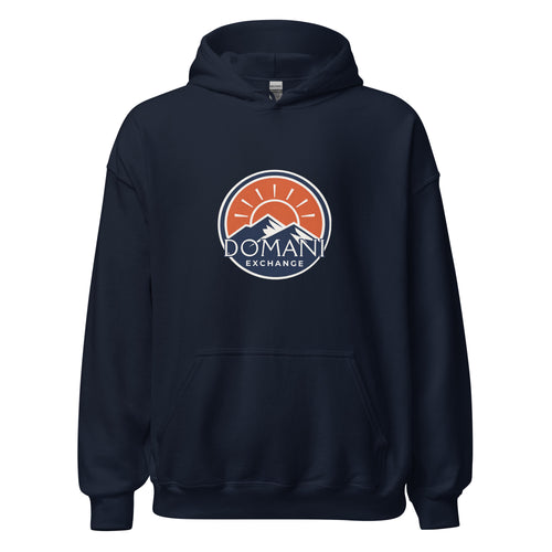 DomEx unisex hoodie in navy - Domani Exchange brand emblem design