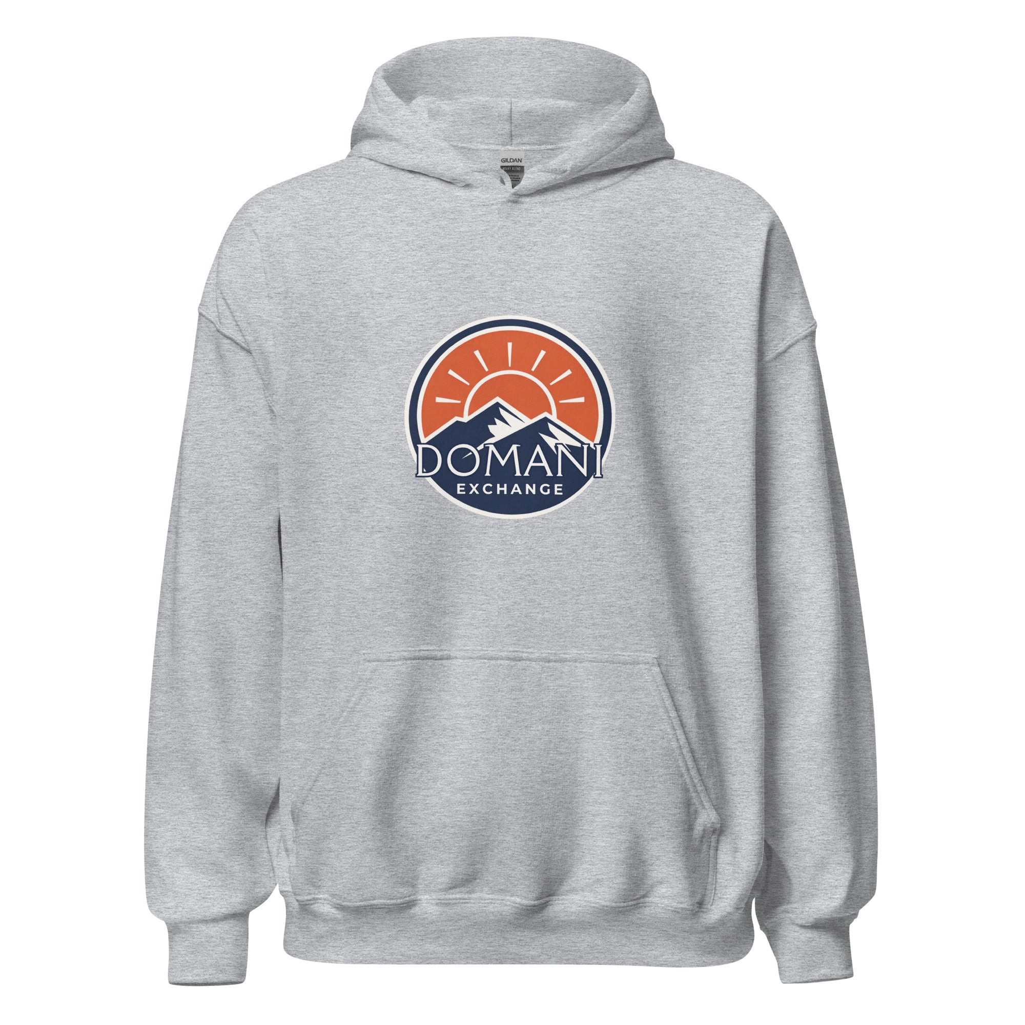 DomEx unisex hoodie in sport grey - Domani Exchange brand emblem design