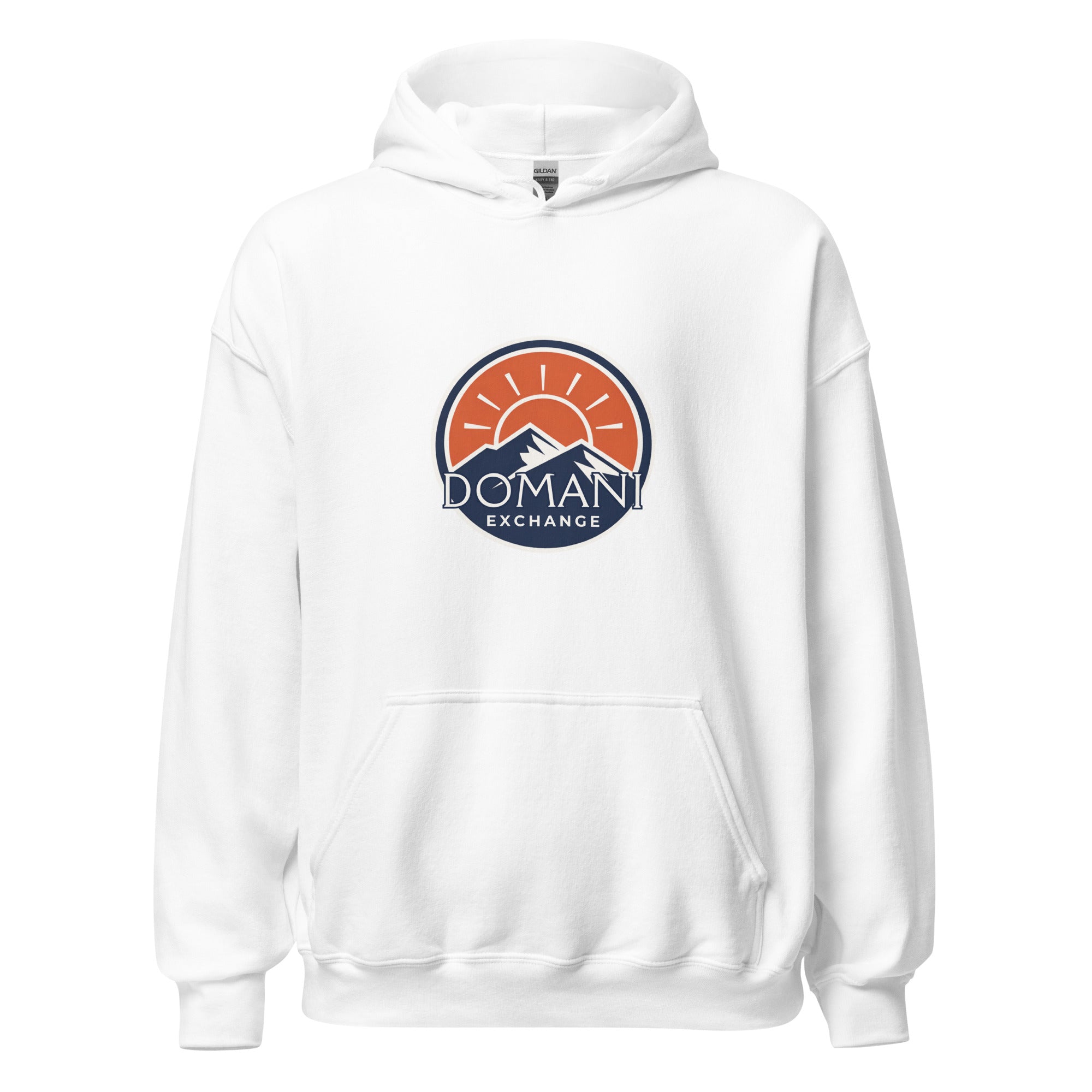 DomEx unisex hoodie in white - Domani Exchange brand emblem design