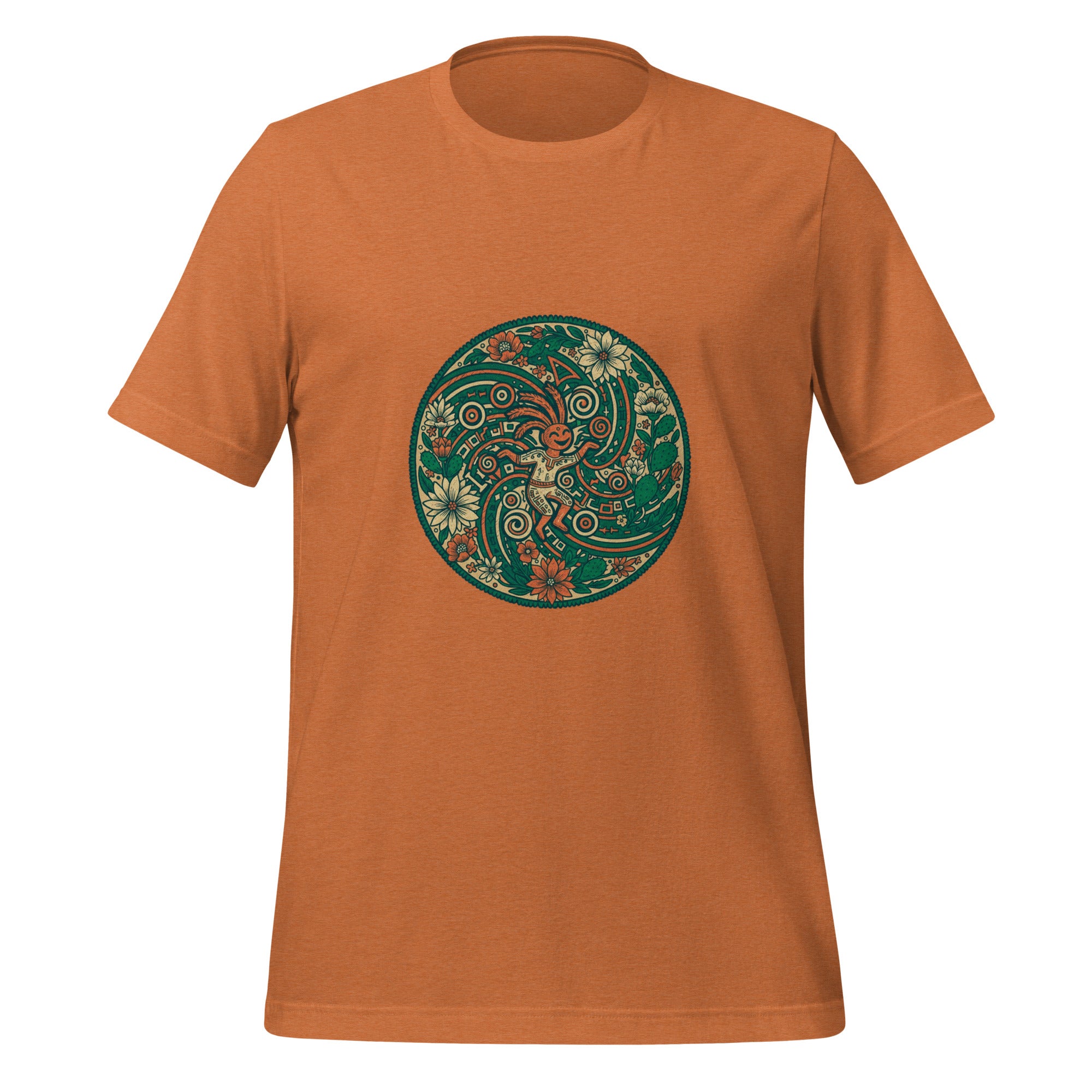 Silly Kokopelli unisex tee in terracotta — playful folk art Kokopelli medallion by Domani Exchange
