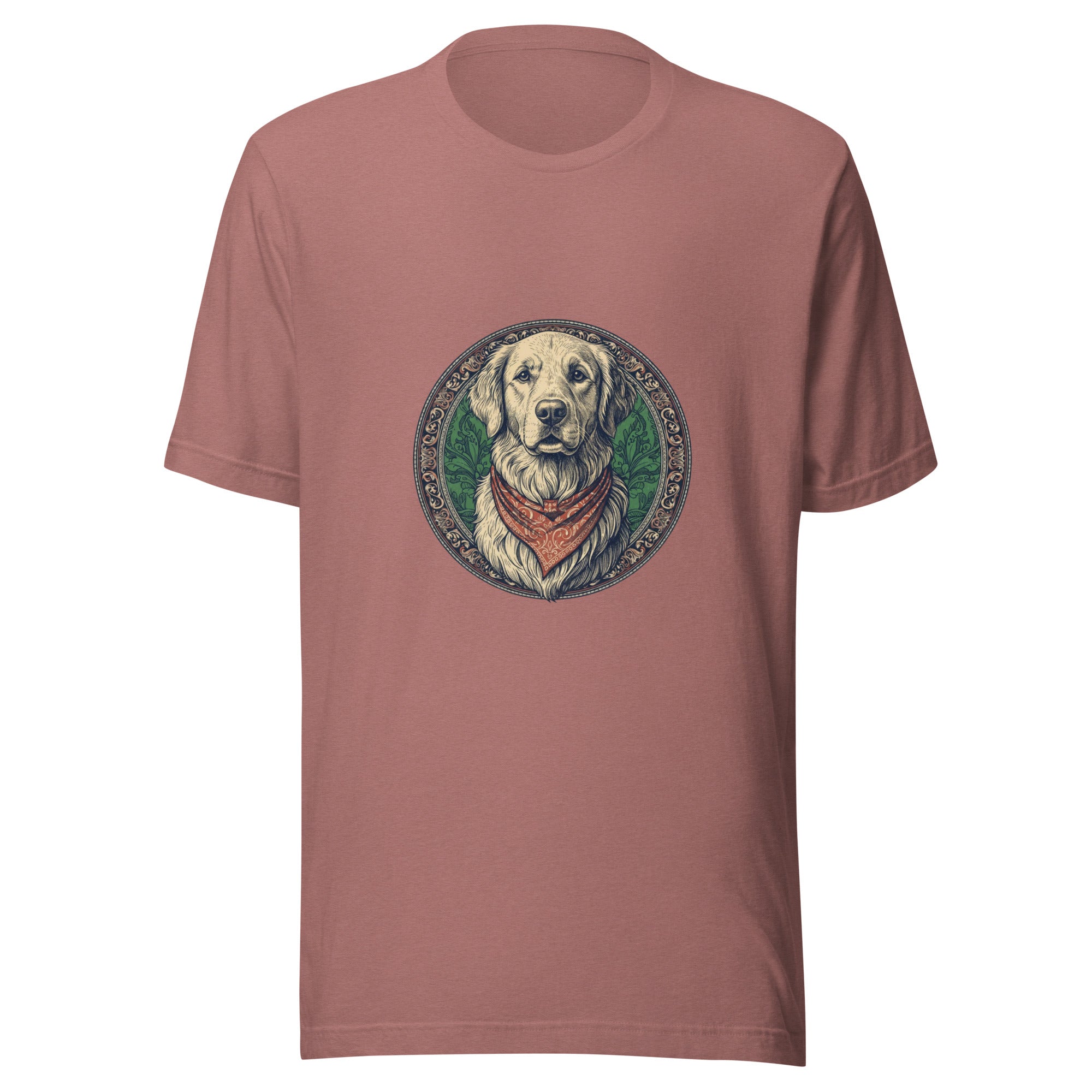 Golden Retriever unisex tee in mauve — vintage portrait medallion dog design by Domani Exchange