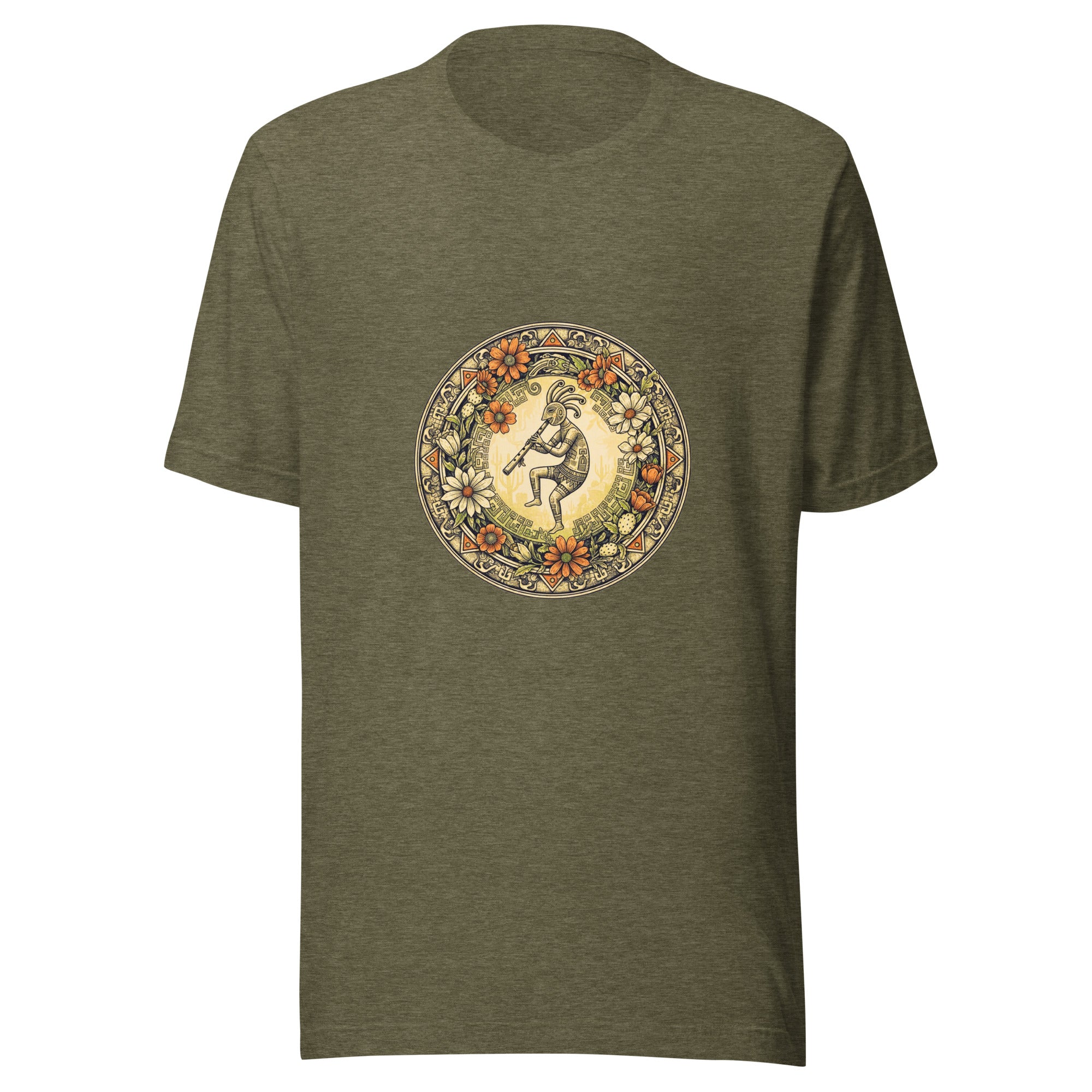 Kokopelli unisex tee in olive — vintage botanical folk art medallion by Domani Exchange