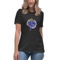 Sunflower Girl women's relaxed tee in black — floral portrait folk art design by Domani Exchange