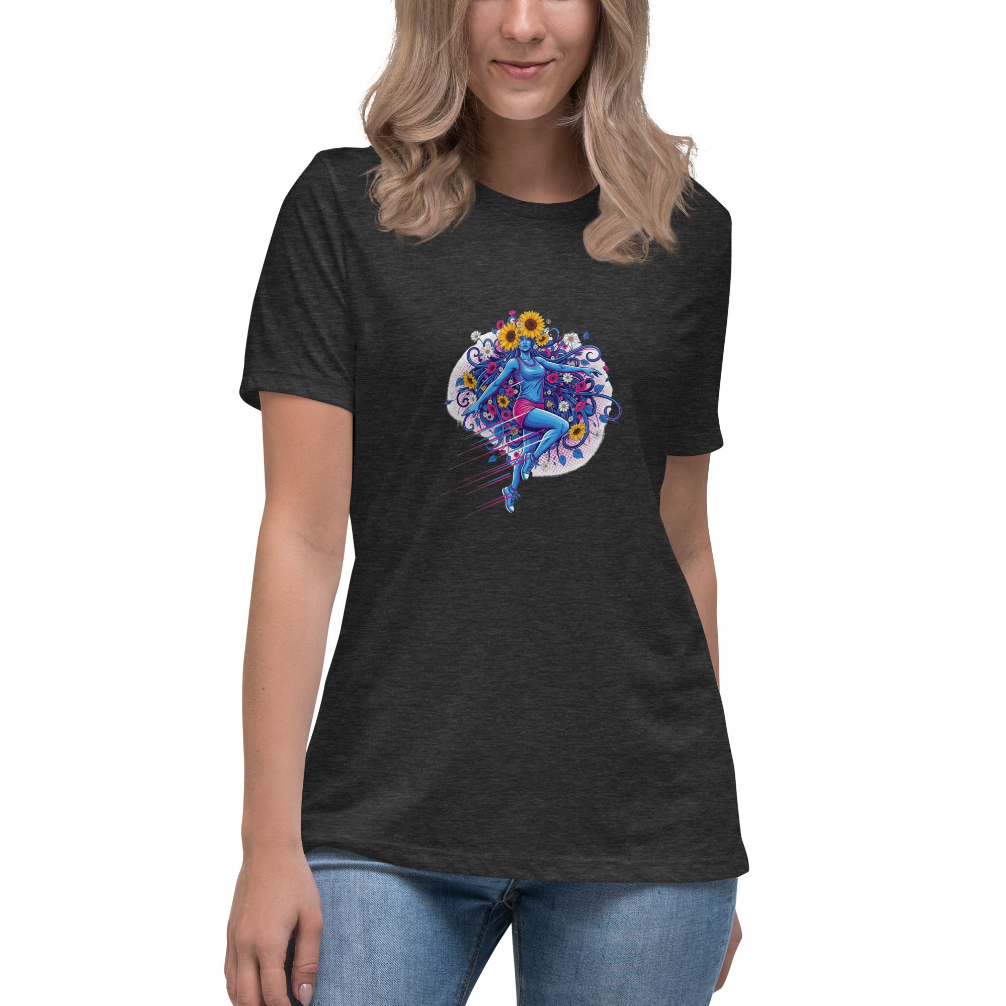 Sunflower Girl women's relaxed tee in black — floral portrait folk art design by Domani Exchange