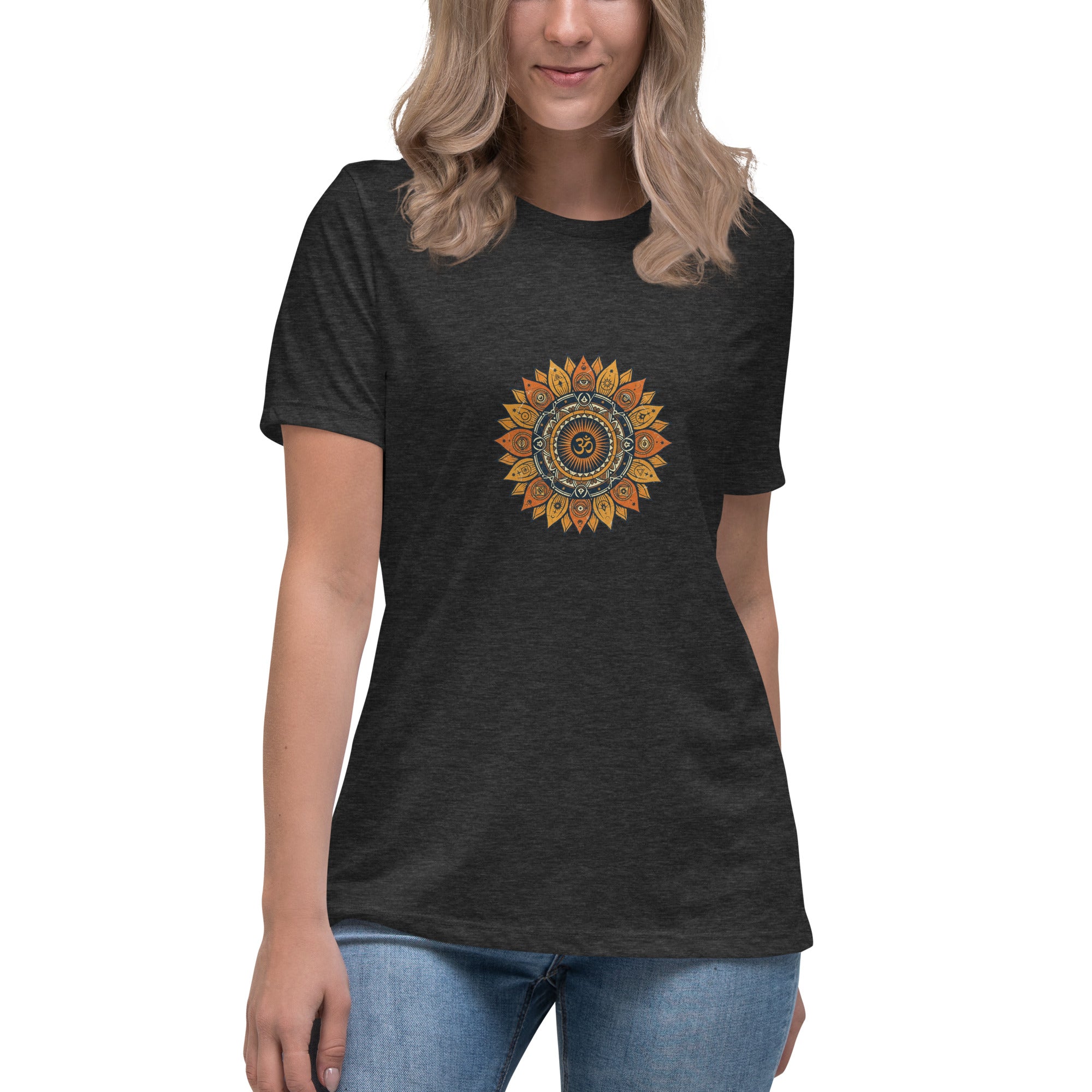Om Mandala tee — warm golds and earthy greens mandala design | Domani Exchange