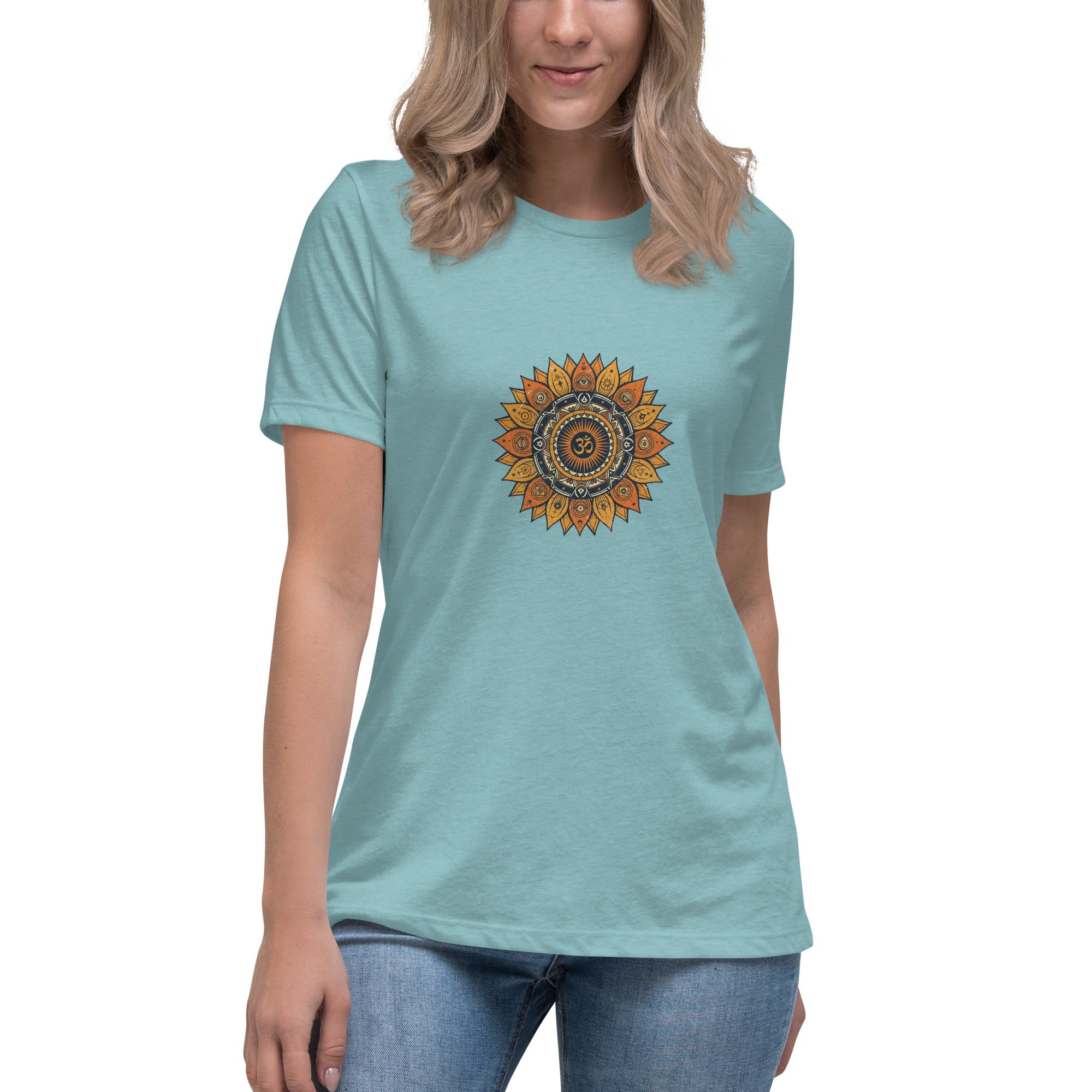 Om Mandala tee detail — sacred geometry medallion print | Domani Exchange