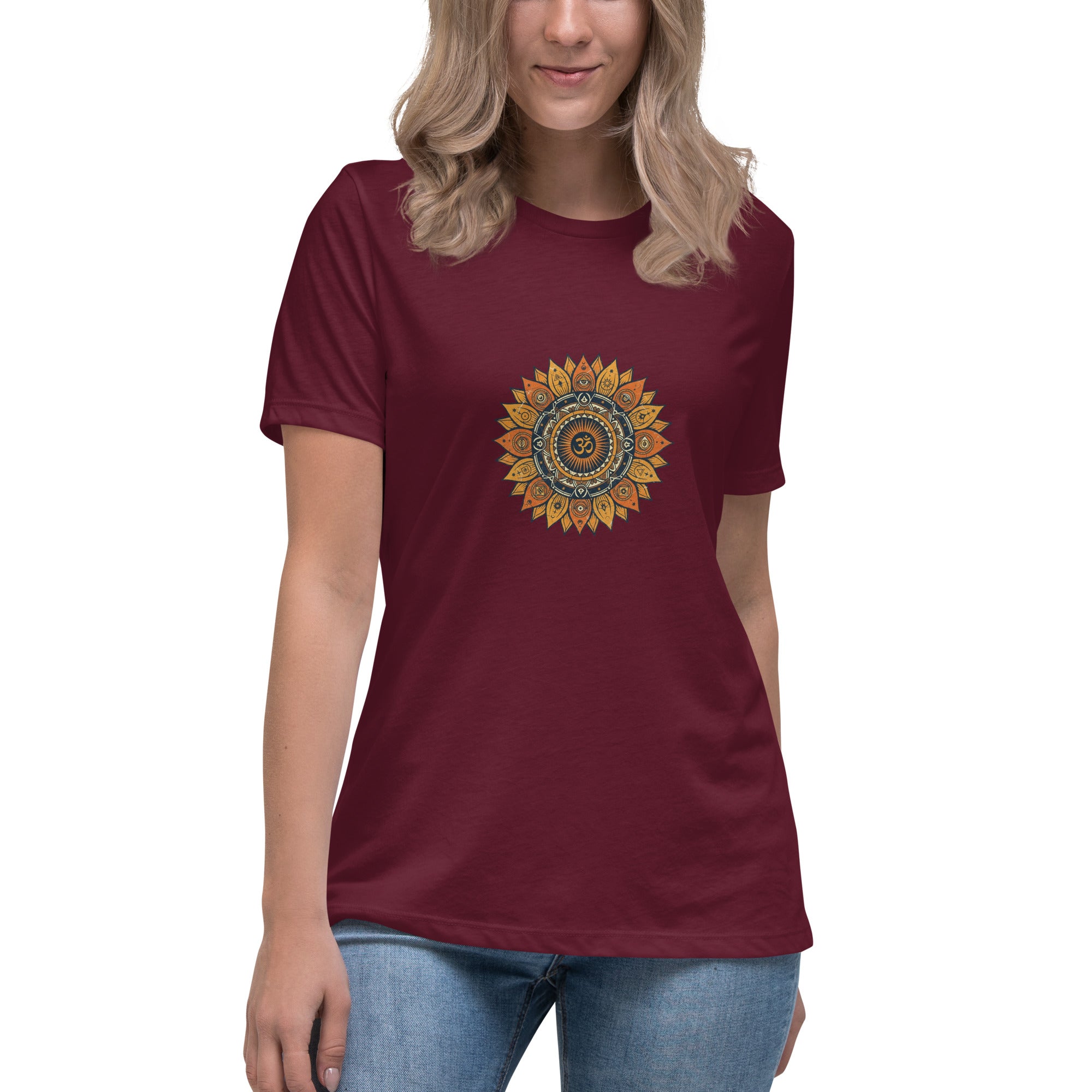 Om Mandala tee front view — Om symbol with sunflower bloom | Domani Exchange