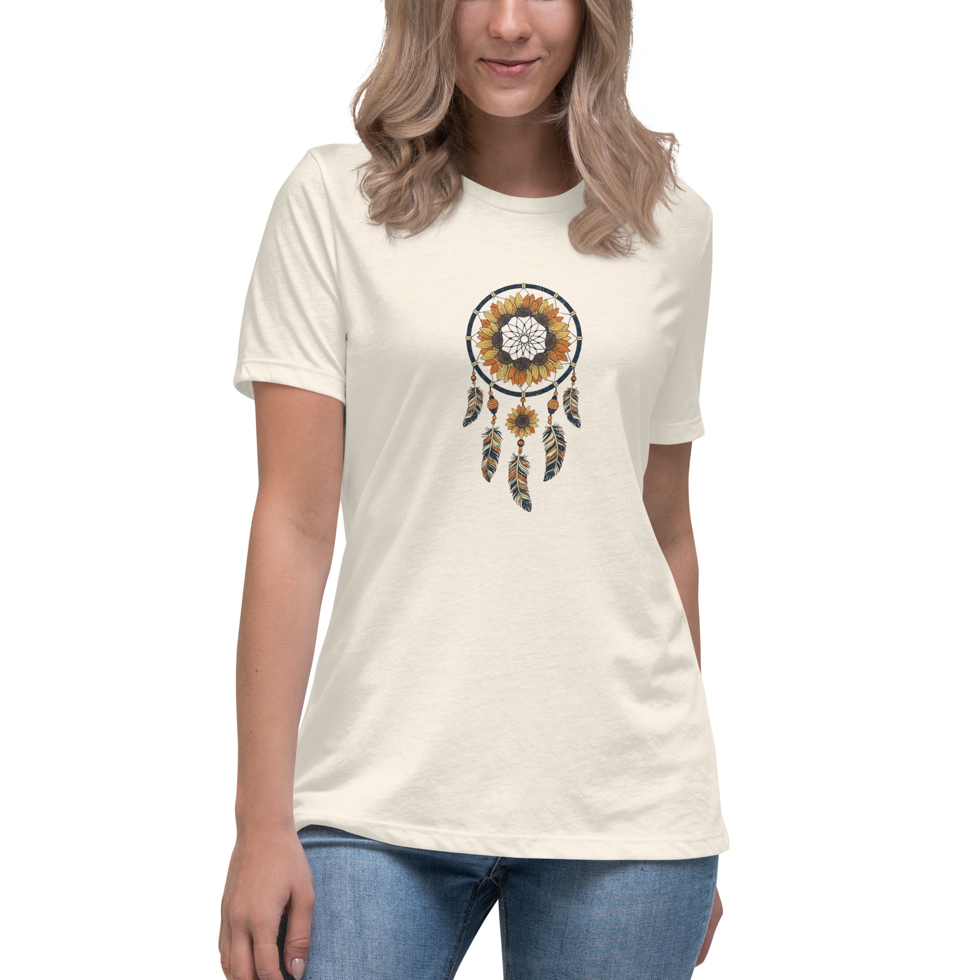 Sun Catcher women's relaxed tee in natural — sunflower dreamcatcher design by Domani Exchange