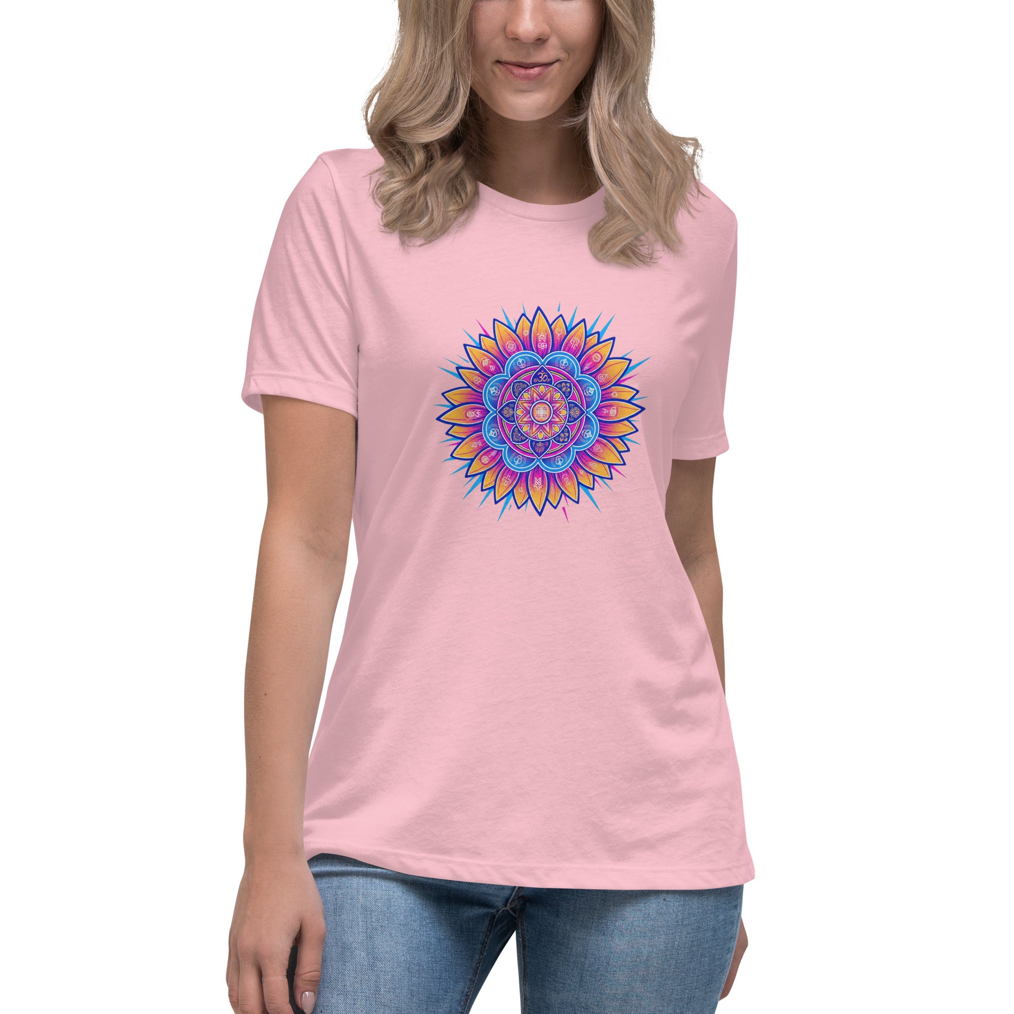Electric Sunflower women's relaxed tee in pink — psychedelic folk art sunflower by Domani Exchange