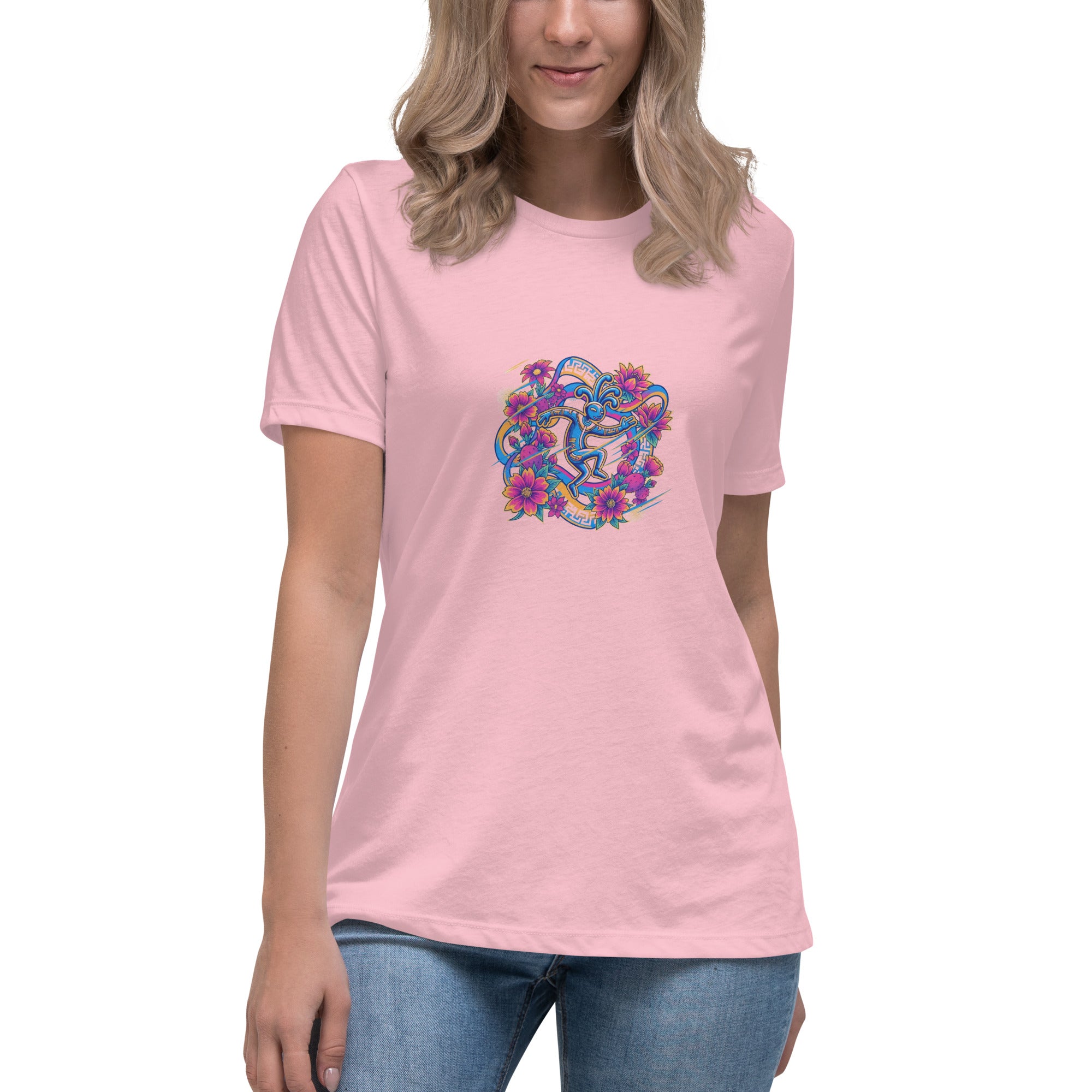 Electric Koko women's relaxed tee in pink — neon Kokopelli medallion design by Domani Exchange