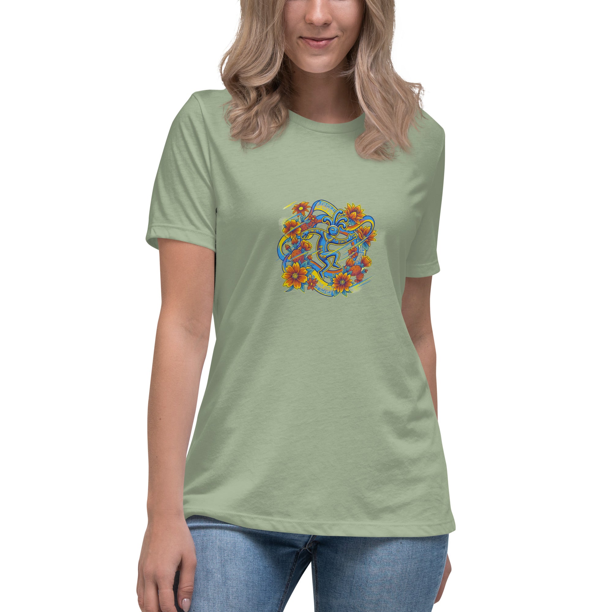 Prime Koko women's relaxed tee in sage — Kokopelli folk art medallion design by Domani Exchange